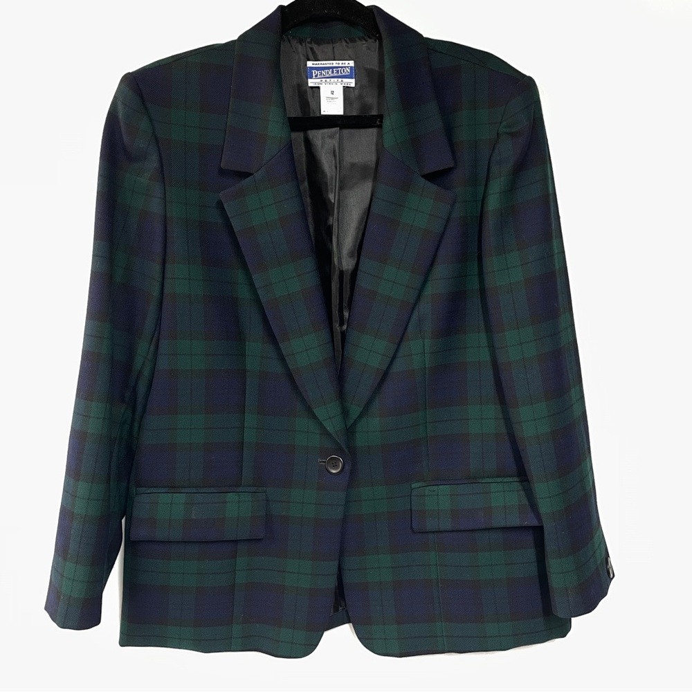 Vintage 12P Pendleton Wool Green and Blue Plaid Tartan Blazer Jacket - Picture 1 of 10